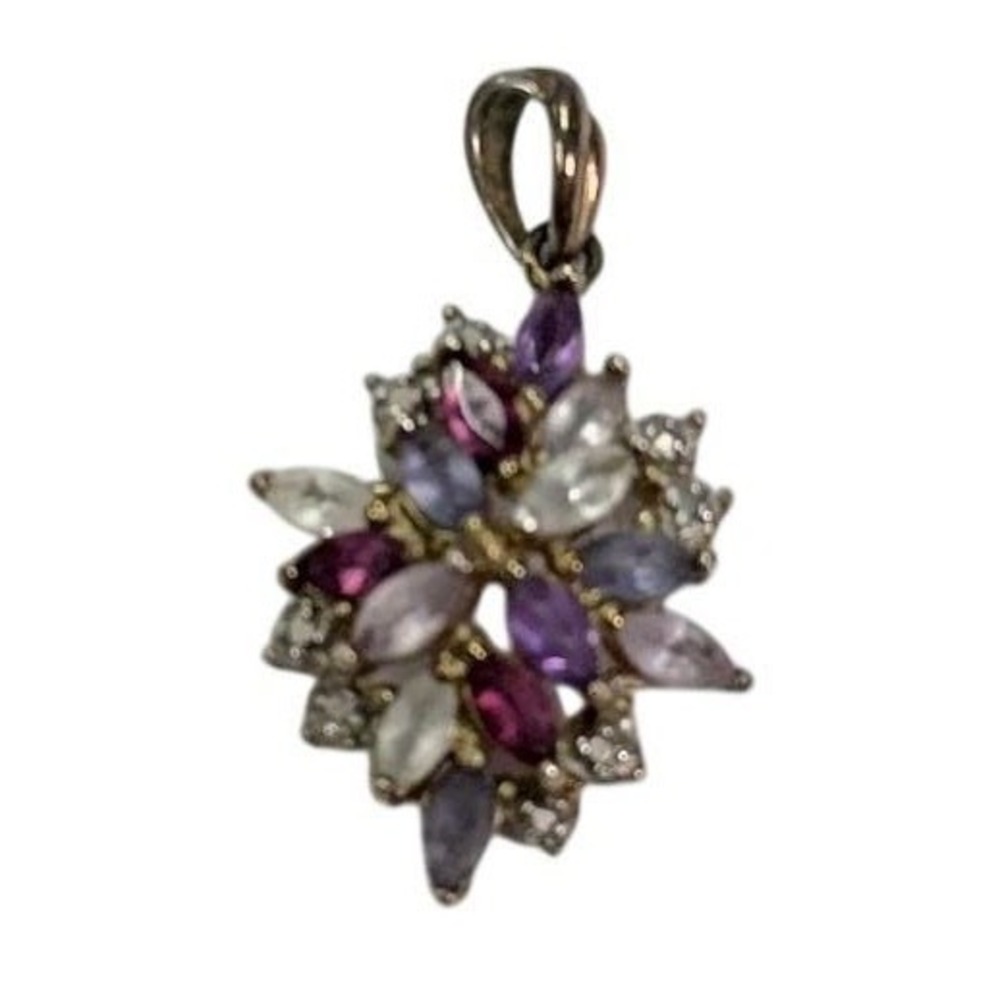 PAJ 925 Sterling Silver Amethyst Iolite Floral Cluster Pendant Purple Blue Gem